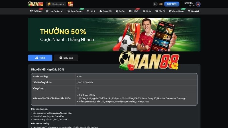 Thưởng Nạp Lần Đầu 50% – Nhận Ngay Ưu Đãi Lên Đến 1.200.000 VND